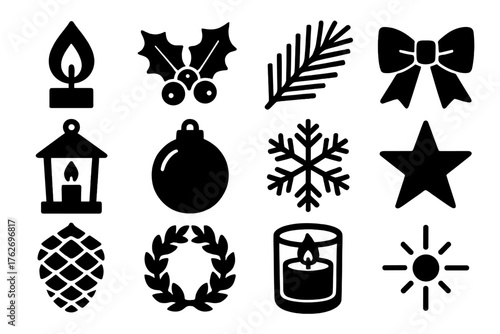 Holiday Candlelight silhouette set: candle flame, holly, pine sprig, ribbon, lantern, ornament, snowflake, star, pinecone, wreath, glass candle, gentle glow.