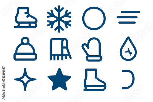 Gliding on Ice Minimal — Minimal Duotone silhouette set: skate outline, snowflake, rink circle, motion lines, hat, scarf, glove, frozen droplet, ice shimmer, star, boot shape,