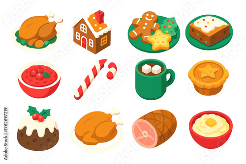 Christmas Food flat isometric set: roast dinner, gingerbread house, cookies, fruitcake, cranberry sauce, candy cane, hot chocolate, mince pie, pudding, turkey, ham, mashed potatoes