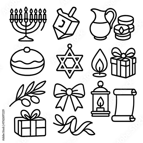 Hanukkah Lights outline icon set: menorah candles, dreidel spin, oil lamp, golden coins, jelly donut, star ornament, glowing flame, wrapped gift, olive branch, festive ribbon,