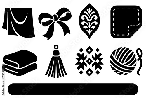 Winter Fabrics Luxurious Weaves silhouette set: velvet drape, satin ribbon, brocade detail, suede patch, cashmere fold, silk tassel, jacquard pattern, mohair thread.