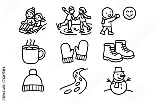 Glide & Slide Family Playtime outline icon set: kids sledding, couple skating, snowball toss, cocoa break, wool gloves, boots, cozy hat, ice rink, snow trail, laughter icon,