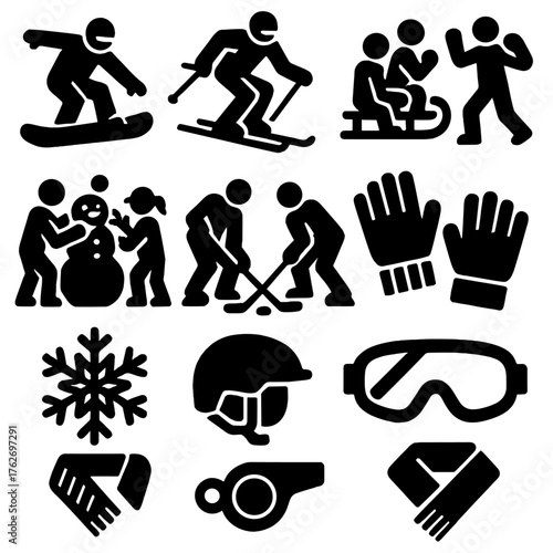 Outdoor Winter Games silhouette set: snowboarder, skier, sled race, snowball fight, snowman building, hockey match, gloves, goggles, snowflake, helmet, whistle, scarf.
