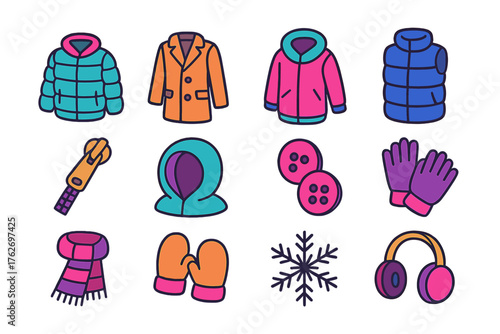 Winter Jackets flat isometric set: down jacket, wool coat, parka, puffer vest, zipper, hood, buttons, gloves, scarf, mittens, snowflake, earmuffs.