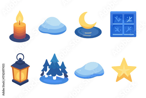 Winter Wonder — Peaceful glow flat isometric set: candle flame, soft snow, moonlight reflection, frosted window, warm lantern, quiet forest, snowdrift, gentle star.