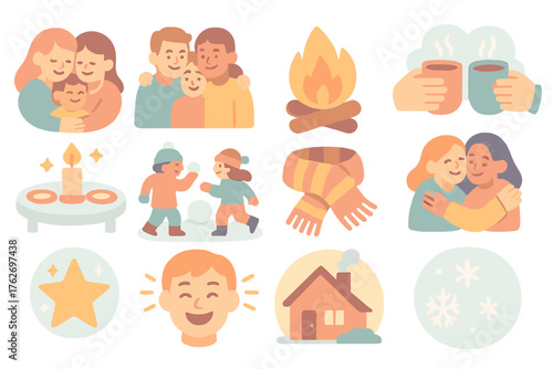 Winter Celebration Togetherness — Soft Pastel Icons flat icons: family hug, friends gathering, cozy fire, shared cocoa, candlelight table, snowball game, knitted scarf, joyful