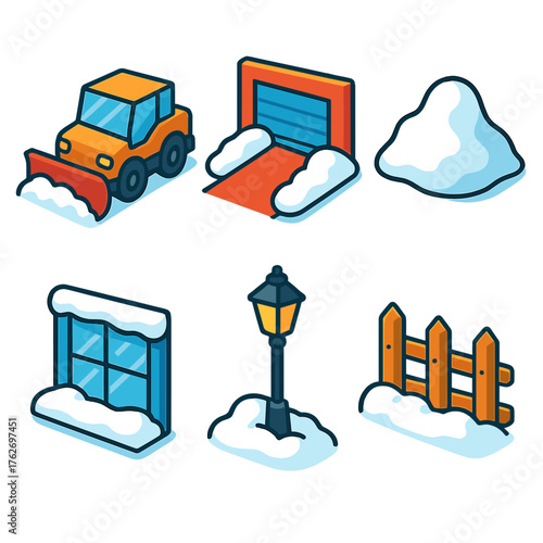 Snowstorm Aftermath flat isometric set: snowplow, driveway, snow mound, frosted window, lamppost, fence.