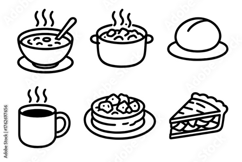 Comfort Foods Winter Classics outline icon set: bowl of soup, steaming stew, mashed potatoes, bread roll, hot cocoa, roasted vegetables, cheese melt, apple pie slice.