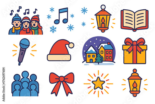 Christmas Carols Festive — Vibrant Flat Vector flat icons: carolers singing, musical notes, snowflakes, glowing lanterns, open book, microphone, Santa hat, town square, gift box,