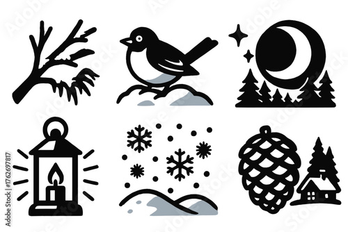 Winter Time — Peaceful nature silhouette set: frozen branch, bird on snow, glowing moon, quiet forest, lantern light, snowfall, pinecone, distant cabin.