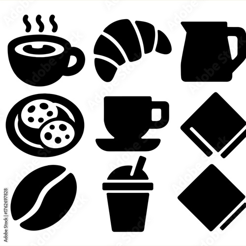 Hot Beverage Time — Café treats silhouette set: cappuccino, croissant, espresso cup, milk jug, cookie plate, coffee bean, straw cup, napkin.