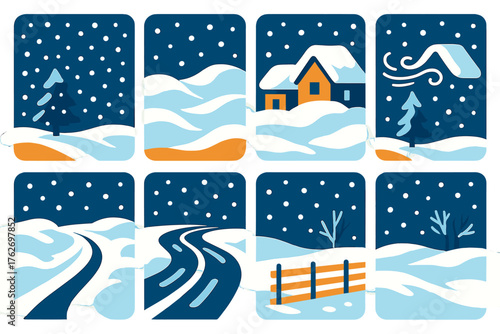 Heavy Snow Events flat icons: strong snowfall, heavy drifts, covered rooftops, snowed paths, icy roads, gusting wind, snow fence, frozen landscape.