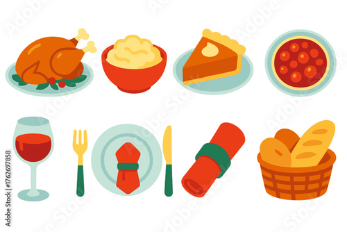 Christmas Family — Festive dinner flat icons: roast turkey, mashed potatoes, pie slice, cranberry sauce, wine glass, plate setting, napkin ring, bread basket.