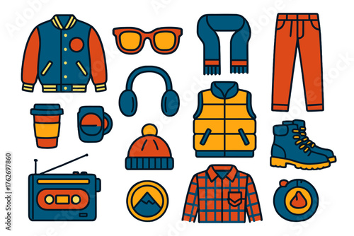 Winter Streetwear Retro Vibes flat icons: varsity jacket, corduroy pants, lace-up boots, retro shades, thick scarf, cassette player, coffee cup, earmuffs, puffer vest, knit hat,