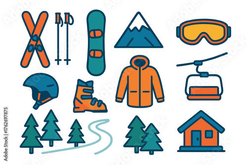 Mountain Skiing Alpine Adventure Style flat icons: skis, ski poles, snowboard, mountain peak, goggles, helmet, boots, parka, ski lift, pine trees, snow trail, cabin.