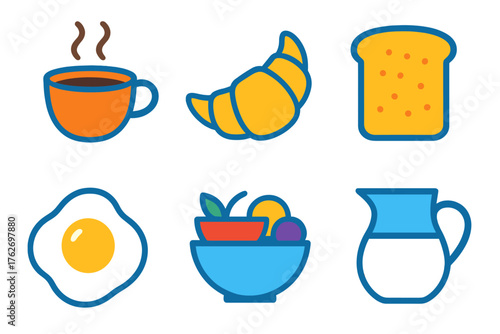 Morning meal flat icons: coffee cup, croissant, toast, egg, fruit bowl, milk jug.