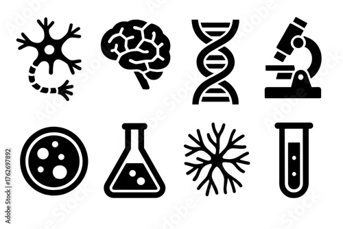 Biological Node silhouette set: neuron cell, brain network, DNA strand, microscope, petri dish, chemical flask, nerve cluster, test tube.