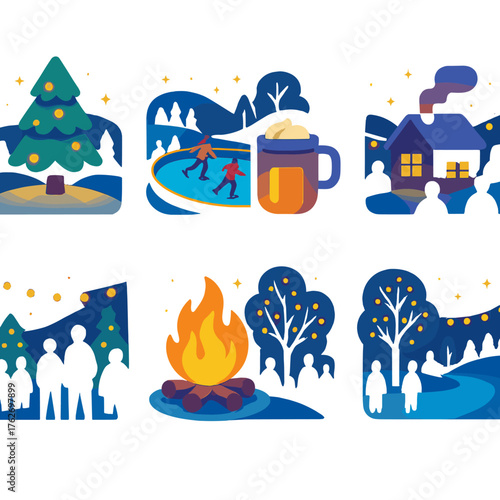 Snow Park Life Evening Lights flat icons: glowing trees, skating rink, hot cocoa mugs, fire pit, crowd silhouettes, string lights, smoke from chimney, starry sky.