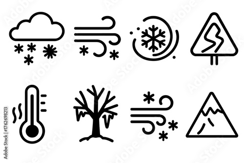 Blizzard Conditions — Harsh weather outline icon set: snowstorm cloud, strong wind, snowflake swirl, icy road, thermometer, frozen tree, blowing snow, mountain peak.