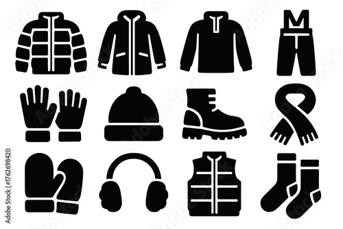 Insulated Apparel silhouette set: down jacket, parka, fleece layer, snow pants, insulated gloves, thermal hat, boots, scarf, mittens, earmuffs, vest, socks.