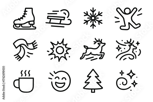Winter Energy outline icon set: ice skates, sled in motion, spinning snowflake, joyful jump, flying scarf, snowball burst, reindeer sprint, glowing lights, hot drink, laughter