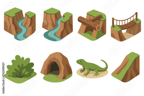 Ravine set icons in modern isometric flat vector style: steep cliffs, winding river, fallen log, rope bridge, shrub, cave entrance, lizard, slope.