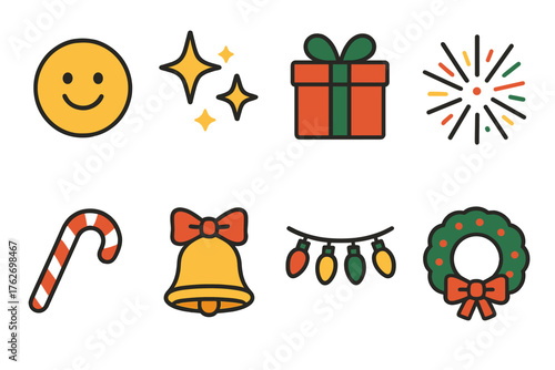 Holiday Joy — Festive cheer flat icons: smiling faces, sparkling star, wrapped gift, confetti burst, candy cane, bell with bow, twinkling lights, joyful wreath.