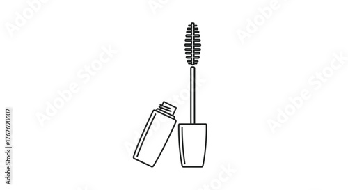 A simple black line drawing of an open mascara tube and wand silhouette