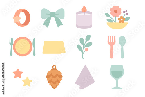 Festive Accents Table — Soft Pastel Icons flat icons: napkin ring, ribbon, glass candle, centerpiece, plate setting, place card, floral sprig, cutlery, folded napkin, star confetti