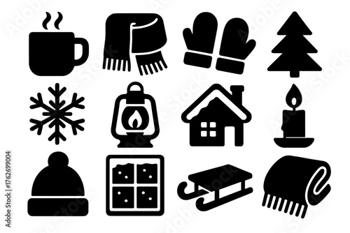 Winter Spirit Cozy Seasonal Style silhouette set: steaming mug, wool scarf, mittens, pine tree, snowflake, lantern, cabin, candle, sled, fuzzy hat, snowy window, blanket.