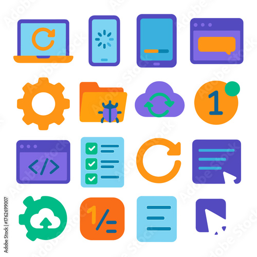 Software Update flat icons: laptop, smartphone, tablet, loading circle, progress bar, restart arrows, app window, notification bubble, gear, folder, bug fix icon, cloud sync,