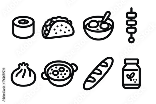 Global flavors outline icon set: sushi roll, taco, curry bowl, kebab skewer, dumpling, paella pan, baguette, spice jar.