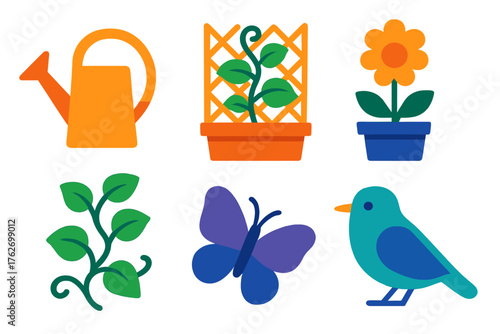 Garden porch flat icons: watering can, flower pot, trellis, vine, butterfly, bird.