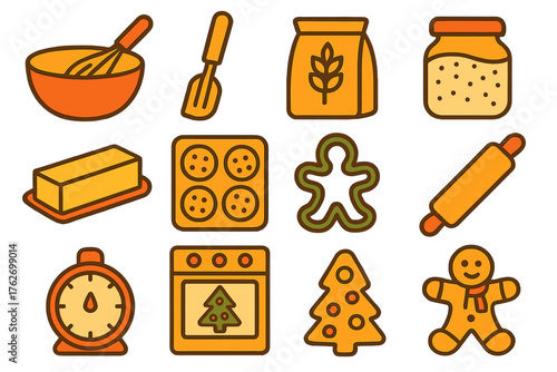 Christmas Cookies Baking — Warm Line Art flat icons: mixing bowl, whisk, spatula, flour bag, sugar jar, butter stick, baking sheet, cookie cutter, rolling pin, timer, oven,