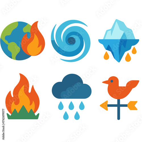 Climate flat icons: global warming globe, hurricane spiral, melting iceberg, wildfire flame, rainstorm, weather vane.
