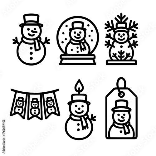 Frosty Decorations outline icon set: snowman figurine, snowman globe, snowman centerpiece, snowman banner, snowman candle holder, snowman gift tag.