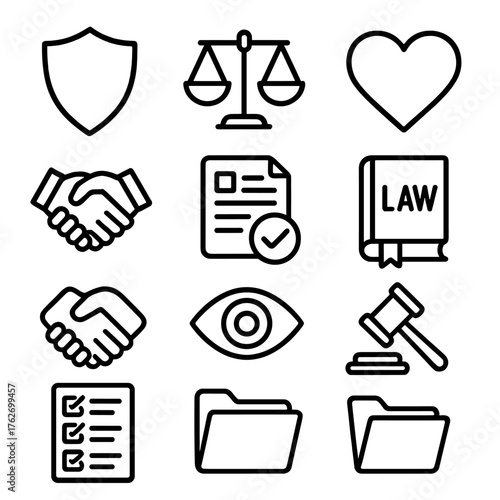 Ethical Governance outline icon set: shield, balance scale, document, heart icon, handshake, magnifying glass, approval mark, law book, compliance checklist, eye symbol, folder,