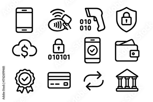 Digital Payment Gateways outline icon set: smartphone, NFC tap, barcode scanner, secure shield, cloud payment, encrypted data, confirmation screen, wallet app, verification badge,