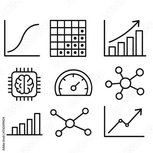 Predictive Modeling outline icon set: model training curve, probability map, data trend arrow, future insights chart, AI computation icon, performance gauge, variable network,