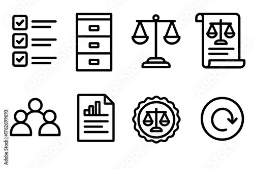 Legal Workflow outline icon set: task list, file cabinet, justice scale, law scroll, team collaboration, report sheet, court seal, update icon.