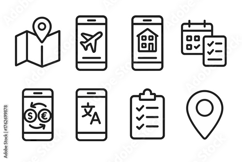 Travel Apps outline icon set: map navigation icon, flight booking screen, hotel search card, itinerary planner, currency converter, language translator app, travel checklist,