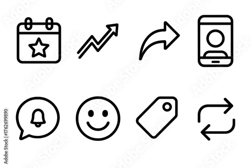 Social Announcements outline icon set: event post, trending icon, share button, story banner, comment alert, reaction emoji, tag symbol, repost arrow.