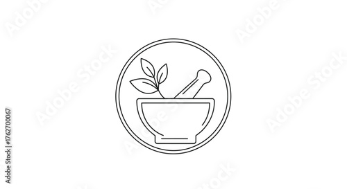 Simple line drawing of a mortar and pestle with leaves silhouette