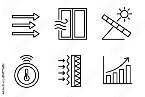 Energy-Efficient Design outline icon set: airflow arrows, thermal window, smart thermostat, sunshade panel, insulation layer, performance chart.