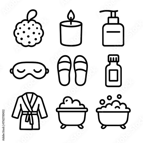 Self-Care Essentials outline icon set: bath sponge, candle, lotion pump, essential oil bottle, sleep mask, slippers, robe, bubble bath.