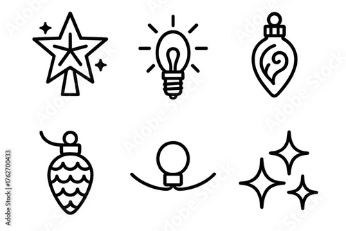 Yuletide Tree Lights outline icon set: star topper, glimmering bulb, vintage glass light, glowing pine cone, metallic string light, festive sparkle.