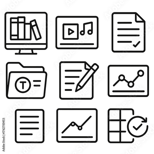 Academic Content outline icon set: course library, multimedia icon, assignment sheet, topic folder, written notes, data graph, study quiz, progress tracker.