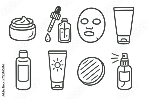 Face Care set of icons in doodle hand-drawn vector style: moisturizer jar, serum dropper, face mask, cleanser tube, toner bottle, sunscreen, cotton pad, hydrating mist.