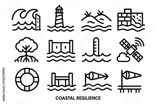 Coastal Resilience outline icon set: wave barrier, lighthouse, sand dunes, sea wall, mangrove tree, floodgate, tide marker, satellite, cloud, life buoy, pier, wind arrow.
