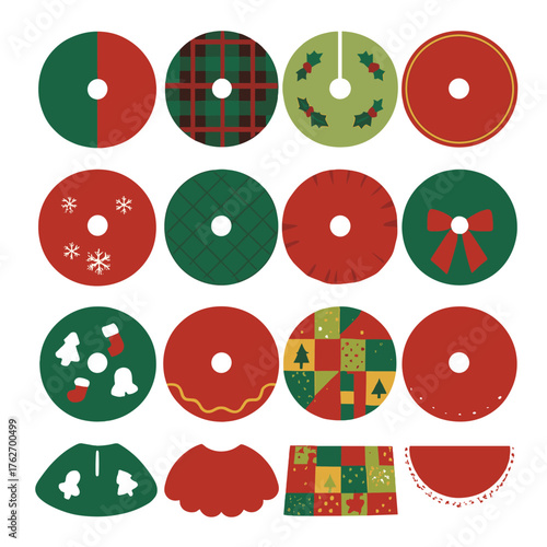 Classic Christmas Tree Skirts flat icons: red and green skirt, tartan plaid skirt, embroidered holly skirt, velvet skirt with gold trim, snowflake-stitched skirt, quilted fabric